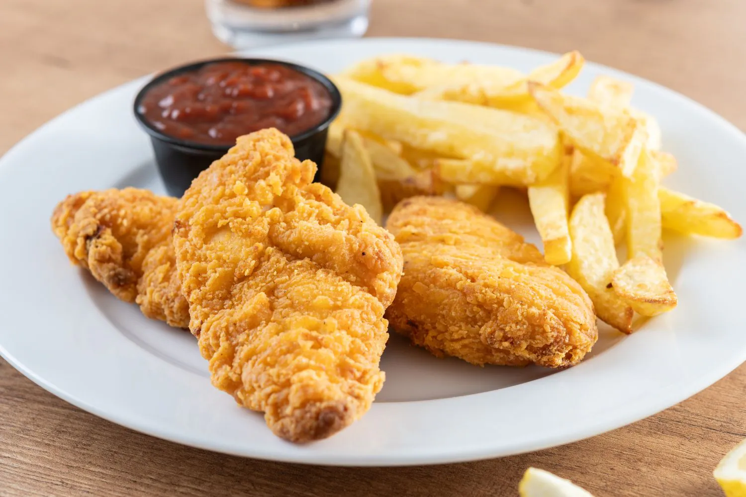 Crispy chicken tenders with fries and marinara sauce at J Burger n Wings, a Fast - Food Restaurant in Muskegon